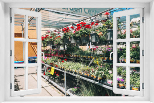 Fototapeta Naklejka Na Ścianę Okno 3D - Toronto, Ontario, Canada - June 30, 2019: Garden Centre in Canadian Walmart supermarket store with flowers and plants in pots on shelves.