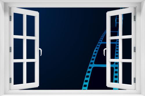 Fototapeta Naklejka Na Ścianę Okno 3D - Film reel stripe cinema on blue background with place for text. Modern 3d realistic film strip. Vector cinema festival. Movie template for backdrop, brochure, leaflet, poster, banner, tickets or flyer