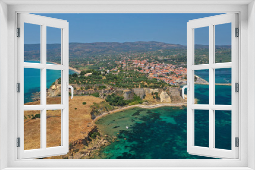 Aerial drone photo of iconic medieval castle and small picturesque village of Koroni, Messinia, Peloponnese, Greece