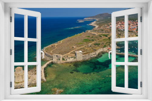 Fototapeta Naklejka Na Ścianę Okno 3D - Aerial drone panoramic view of iconic Venetian castle of Methoni and Bourtzi tower on the southwest cape of Messinia, Peloponnese, Greece