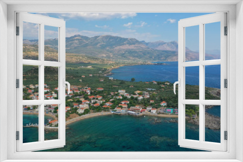 Fototapeta Naklejka Na Ścianę Okno 3D - Aerial drone panoramic photo of iconic picturesque village and sandy beach of Stoupa in the heart of Messinian Mani, Peloponnese, Greece