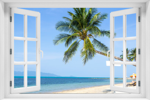 Fototapeta Naklejka Na Ścianę Okno 3D - Coconut palm trees on island and sand beach. Summer concept