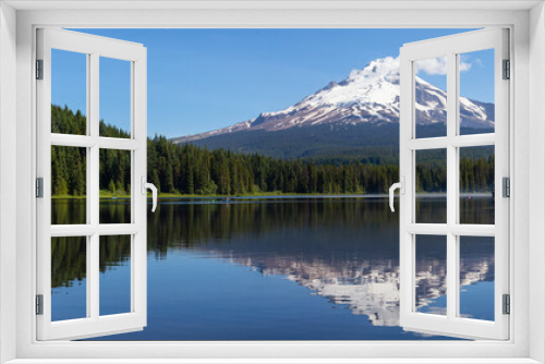 Fototapeta Naklejka Na Ścianę Okno 3D - Beautiful Panoramic Landscape View of a Lake with Mt Hood in the background during a sunny summer day. Taken from Trillium Lake, Mt. Hood National Forest, Oregon, United States of America.