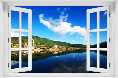 Fototapeta Naklejka Na Ścianę Okno 3D - Beautiful landscape village on mountain and blue sky reflection in lake and river at Meahongson province, Thailand