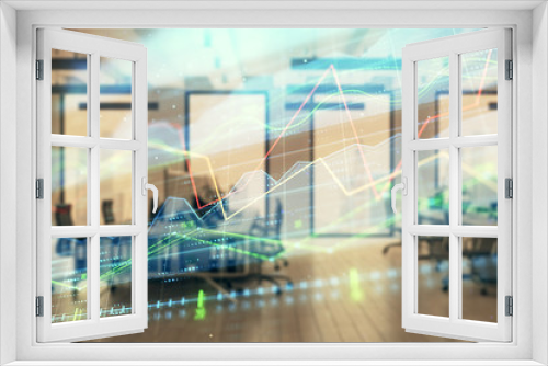 Stock market chart with trading desk bank office interior on background. Double exposure. Concept of financial analysis