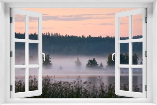 Fototapeta Naklejka Na Ścianę Okno 3D - Foggy summer landscape by the lake in Finland after sunset