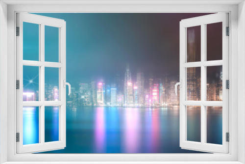 Fototapeta Naklejka Na Ścianę Okno 3D - Abstract bokeh light with Hong Kong City night view background; Double Exposure