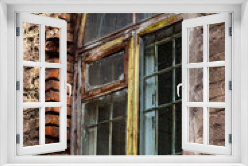 Fototapeta Naklejka Na Ścianę Okno 3D - Wooden vintage window with internal iron bars.