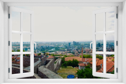 Panoramic view of Ankara Castle (Kalesi). It is a fortification from the late antique / early medieval era in Ankara, Turkey. 360 degree view of the capital of Turkey. Tourists on the walls of the man