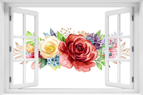 Fototapeta Naklejka Na Ścianę Okno 3D - watercolor botanical illustration, bohemian style arrangement, bouquet of red and white roses and peonies, boho floral design, isolated on white background
