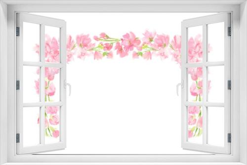 Fototapeta Naklejka Na Ścianę Okno 3D - Pink abstract floral watercolor rectangular wreath with pastel color flowers and leaves hand painted in square corner arrangement for greeting text wedding card logo design isolated on white 