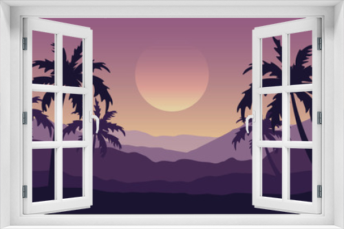 Fototapeta Naklejka Na Ścianę Okno 3D - beautiful palm tree silhouette mountain landscape in purple colors vector illustration EPS10