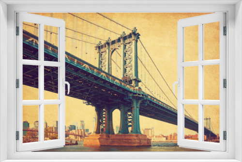 Fototapeta Naklejka Na Ścianę Okno 3D - The Manhattan Bridge, New York City, United States. In the background  Manhattan and  Brooklyn Bridge. Photo in retro style. Added paper texture.