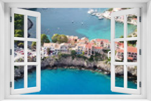 Fototapeta Naklejka Na Ścianę Okno 3D - Aerial drone bird's eye view photo of beautiful and picturesque colorful traditional fishing village of Assos in island of Cefalonia, Ionian, Greece