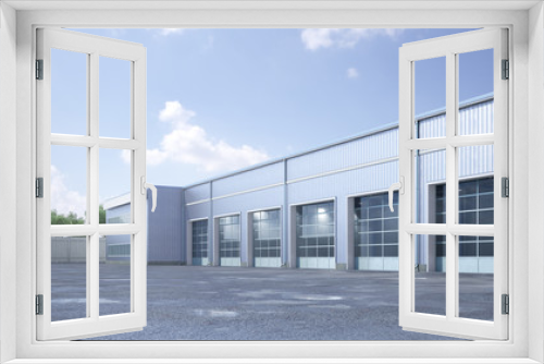 Fototapeta Naklejka Na Ścianę Okno 3D - Hangar exterior with rolling gates. 3d illustration