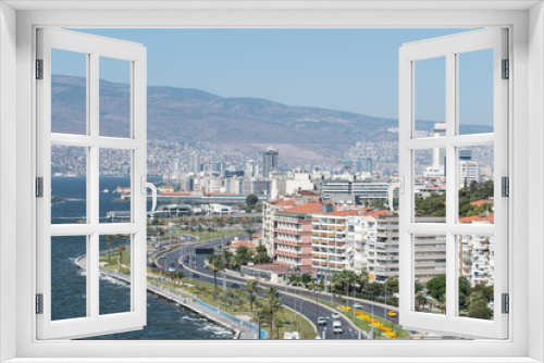 View of Konak district and waterfront seen from Asansör (translated elevator) viewpoint in Izmir, Turkey.