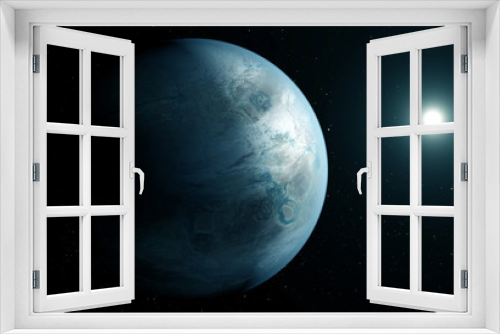 Fototapeta Naklejka Na Ścianę Okno 3D - Unusual blue exoplanet, in space, with the sun on the right.  Elements of this image were furnished by NASA