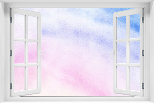 Abstract watercolor background of pastel shades. Gentle gradient from light blue to mauve color. Sunrise sky with fluffy white clouds. Hand drawn illutration with high resolution on textured paper