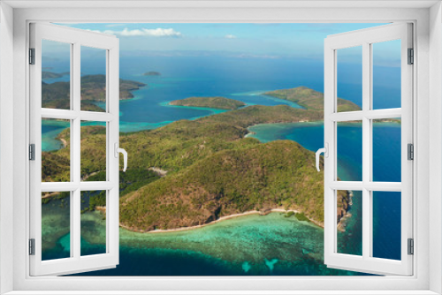 Fototapeta Naklejka Na Ścianę Okno 3D - aerial view tropical islands with blue lagoons, coral reef and sandy beach. Palawan, Philippines. Islands of the Malayan archipelago with turquoise lagoons.