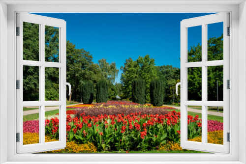Fototapeta Naklejka Na Ścianę Okno 3D - A view of a lawn and flower garden. beautiful park