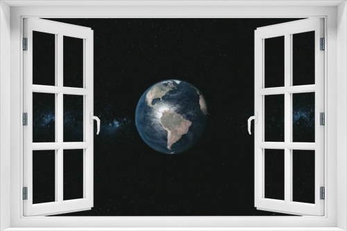 Fototapeta Naklejka Na Ścianę Okno 3D - Spin Earth Orbit Meteor Glow Starry Background. Planet Fast Motion Universe Celestial Constellation World Map Deep Space Exploration Concept 3D Animation