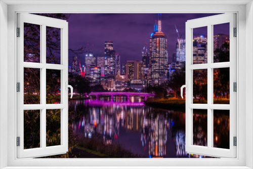 Fototapeta Naklejka Na Ścianę Okno 3D - Melbourne Skyline at night with magenta lit bridge in foreground