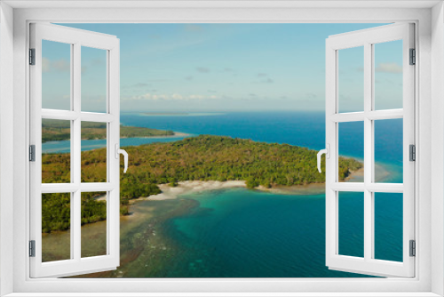 Fototapeta Naklejka Na Ścianę Okno 3D - Seascape: shore of island Balabac with forest and palm trees, coral reef with turquoise water, top view. Coastline of tropical island covered with green forest against the blue sky with clouds and