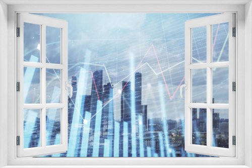 Fototapeta Naklejka Na Ścianę Okno 3D - Double exposure of financial graph on downtown veiw background. Concept of stock market research and analysis