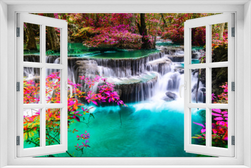Fototapeta Naklejka Na Ścianę Okno 3D - huay mae kamin waterfall in colorful autumn forest at Kanchanaburi