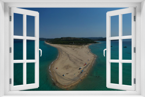 Fototapeta Naklejka Na Ścianę Okno 3D - Aerial drone photo of iconic exotic sandy peninsula and sandy beach of Possidi with turquoise clear sea, Kassandra, Halkidiki, North Greece
