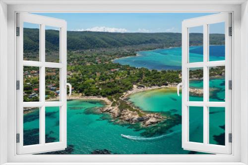 Fototapeta Naklejka Na Ścianę Okno 3D - Aerial drone photo of iconic turquoise paradise sandy twin beaches of Karidi in Sithonia Peninsula, Vourvourou bay, Halkidiki, North Greece