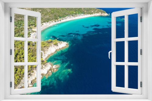 Fototapeta Naklejka Na Ścianę Okno 3D - Aerial drone photo of secluded turquoise sandy beaches of South Sithonia peninsula, Halkidiki, North Greece