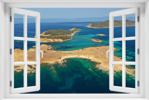 Fototapeta Naklejka Na Ścianę Okno 3D - Aerial drone view of paradise small secluded island complex of Drenia and Pena with turquoise and sapphire sea near famous Amouliani island in North Greece, Halkidiki