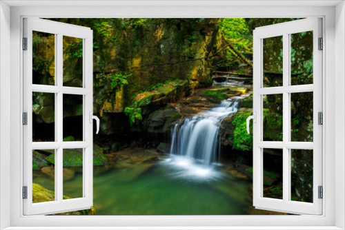 Fototapeta Naklejka Na Ścianę Okno 3D - Waterfalls in green forest during a summer, exposure with a long time. The river Satina in the Beskydy Mountains, Czech Republic, Europe.
