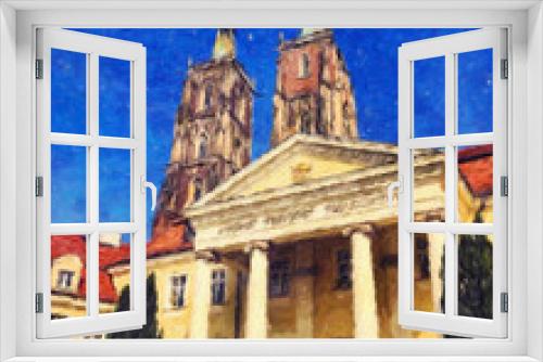 Fototapeta Naklejka Na Ścianę Okno 3D - Oil painting view of Wroclaw city in Poland. Travel in europe scene. Old architecture and town elements. Large print for design paper or canvas. Wall art contemporary impressionism decoration.