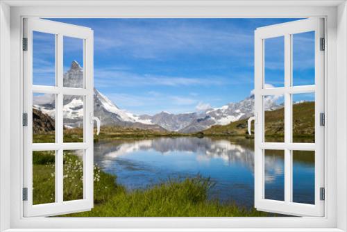 Fototapeta Naklejka Na Ścianę Okno 3D - Matterhorn and Dente Blanche from Riffelsee mountain lake above Zermatt, Switzerland