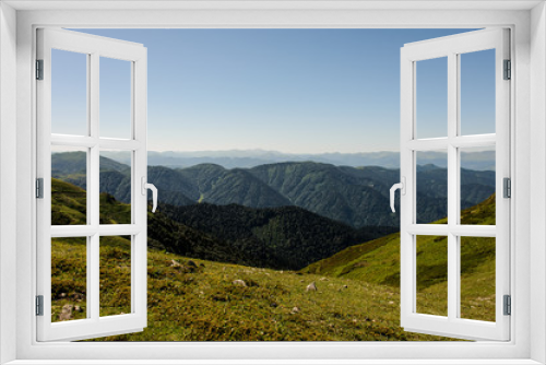 Fototapeta Naklejka Na Ścianę Okno 3D - View of the hills covered with green grass in the background of mountain with evergreen forests