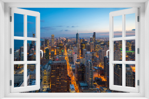 Fototapeta Naklejka Na Ścianę Okno 3D - Beautiful scenic view of business district of Chicago loop with skyline in evening sunlight. Panoramic view aerial top view or drone architecture view of city. Famous attraction in Chicago, USA.