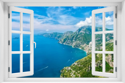 Fototapeta Naklejka Na Ścianę Okno 3D - Panorama of the beautiful Amalfi Coast in Italy during summer, with vibrant blue water and sky, taken from the Path of the Gods hiking trail.