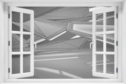 Fototapeta Naklejka Na Ścianę Okno 3D - Abstract architectural white interior of a minimalist house with neon lighting. Drawing. 3D illustration and rendering.