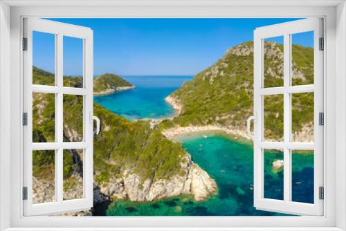 Fototapeta Naklejka Na Ścianę Okno 3D - Aerial view of Porto Timoni beach at Afionas is a paradise double beach with crystal clear azure water in Corfu, Ionian island, Greece, Europe