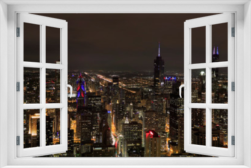 Fototapeta Naklejka Na Ścianę Okno 3D - Aerial panoramic view of Chicago skyline at night, Illinois, USA