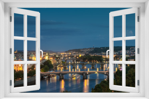 Europe, Czech Republic, Prague. Cityscape with Moldva river and all Historical bridges.