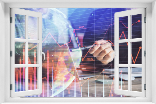 Fototapeta Naklejka Na Ścianę Okno 3D - Forex graph with businessman typing on computer in office on background. Concept of analysis. Double exposure.