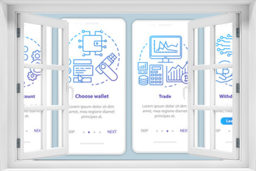 Cryptocurrency trading platform onboarding mobile app page screen with linear concepts. Crypto exchange service walkthrough blue gradient graphic instructions. UX, UI, GUI template with illustrations