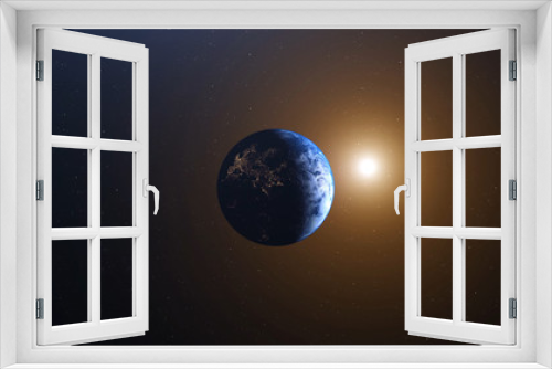 Fototapeta Naklejka Na Ścianę Okno 3D - World and sun realistic 3D rendering. Shiny sunlight over Planet Earth, cosmos, atmosphere. Shot from Space satellite