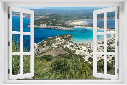 Fototapeta Naklejka Na Ścianę Okno 3D - Panoramic aerial view of voidokilia beach, one of the best beaches in mediterranean Europe, beautiful lagoon of Voidokilia from a high point of view, Messinia, Greece