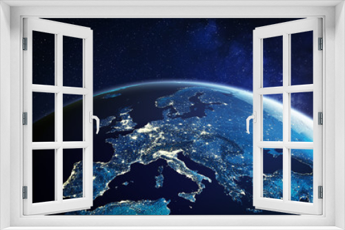 Fototapeta Naklejka Na Ścianę Okno 3D - Europe from space at night with city lights showing European cities in Germany, France, Spain, Italy and United Kingdom (UK), global overview, 3d rendering of planet Earth, elements from NASA