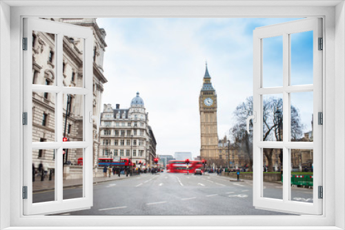 Fototapeta Naklejka Na Ścianę Okno 3D - London city scene with red bus and Big Ben in background. Long exposure photo