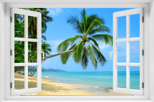 Fototapeta Naklejka Na Ścianę Okno 3D - Empty paradise beach, blue sea waves in island. Beautiful tropical island. Holiday and vacation concept.